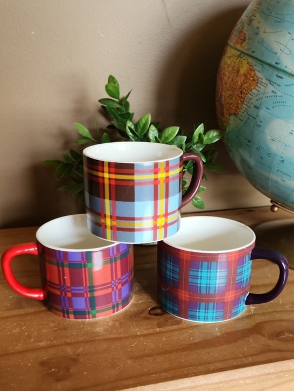 Crate & Barrel Plaid Tartan Ceramic Mugs Set of 3